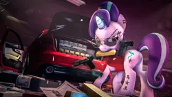 Size: 7680x4320 | Tagged: safe, artist:calveen, derpibooru import, starlight glimmer, pony, unicorn, 3d, absurd resolution, angry, audi, audi a4, aviator glasses, blood, car, car trunk, chinese text, chromatic aberration, clothes, daewoo, desert eagle, ear piercing, earring, female, glasses, glow, glowing horn, gold, gold bar, gun, handgun, jewelry, lamp, magic, mare, money, mouth hold, newspaper, nose wrinkle, piercing, pipe (plumbing), pistol, plot, reloading, signature, source filmmaker, suitcase, sunglasses, tattoo, telekinesis, triad, vest, wallpaper