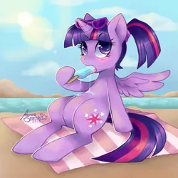 Size: 1000x1000 | Tagged: alicorn, alternate hairstyle, artist:aurora-sparkle, beach, blanket, blushing, derpibooru import, explicit source, featureless crotch, female, food, glasses, hoof hold, mare, ponytail, popsicle, sitting, solo, suggestive, suggestive eating, sun, sunglasses, twilight sparkle, twilight sparkle (alicorn)