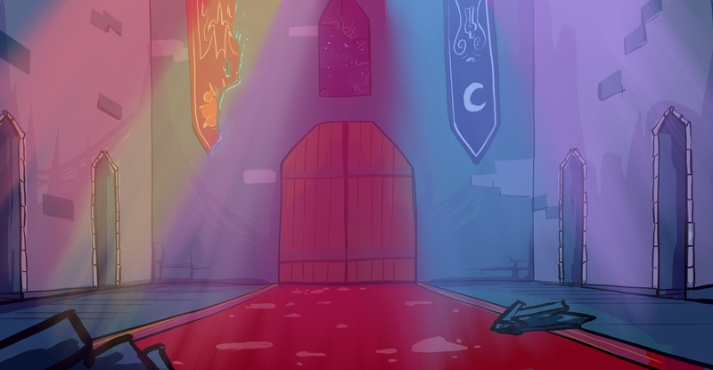 Size: 5760x2991 | Tagged: artist:greyscaleart, broken glass, castle of the royal pony sisters, derpibooru import, implied elements of harmony, implied nightmare moon, implied princess celestia, no pony, part of a set, rainbow of harmony, safe