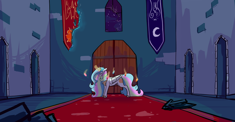 Size: 5760x2991 | Tagged: safe, artist:greyscaleart, derpibooru import, part of a set, princess celestia, alicorn, pony, broken glass, castle of the royal pony sisters, elements of harmony, female, glowing horn, mare, sadlestia, solo