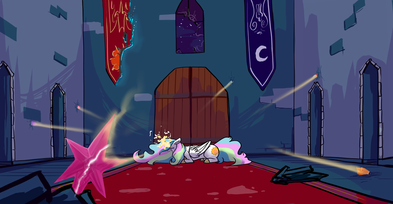 Size: 5760x2991 | Tagged: safe, artist:greyscaleart, derpibooru import, part of a set, princess celestia, alicorn, pony, broken glass, castle of the royal pony sisters, crying, elements of harmony, female, glowing horn, mare, prone, sadlestia, screaming, solo