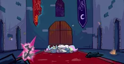 Size: 5760x2991 | Tagged: safe, artist:greyscaleart, derpibooru import, part of a set, princess celestia, alicorn, pony, broken glass, castle of the royal pony sisters, elements of harmony, female, mare, side, solo