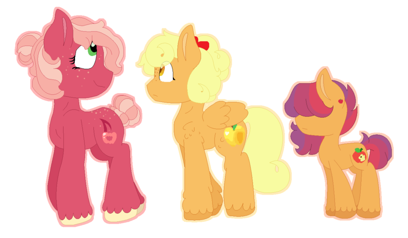 Size: 1305x761 | Tagged: safe, artist:romans-nerd-art, derpibooru import, oc, oc:ginger gold, oc:jazz apple, oc:red gala, unofficial characters only, earth pony, pegasus, pony, bow, cousins, female, hair bow, hair over eyes, magical lesbian spawn, mare, offspring, parent:apple bloom, parent:applejack, parent:big macintosh, parent:cheerilee, parent:derpy hooves, parent:tender taps, parents:cheerimac, parents:derpyjack, parents:tenderbloom, simple background, tail bun, transparent background, unshorn fetlocks