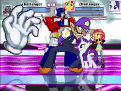 Size: 958x720 | Tagged: safe, derpibooru import, rarity, sunset shimmer, fighting is magic, equestria girls, crazy hand, crossover, mugen, optimus prime, super mario bros., super smash bros., transformers, waluigi