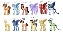 Size: 9000x5000 | Tagged: safe, artist:crystalmoon101, derpibooru import, oc, oc:apple smoothie, oc:balloon hoof, oc:big buck, oc:chocolate cake, oc:coco apple, oc:dragon heart, oc:fireworks, oc:harmony apple, oc:sharp gem, oc:silver rain, oc:storm mane, oc:thunder magic, unofficial characters only, alicorn, dracony, earth pony, hybrid, pegasus, pony, unicorn, absurd resolution, adoptable, alicorn oc, blank flank, female, interspecies offspring, male, mare, next generation, offspring, parent:applejack, parent:big macintosh, parent:caramel, parent:cheese sandwich, parent:flash sentry, parent:fluttershy, parent:pinkie pie, parent:rainbow dash, parent:rarity, parent:soarin', parent:spike, parent:twilight sparkle, parents:carajack, parents:cheesepie, parents:flashlight, parents:fluttermac, parents:soarindash, parents:sparity, rainbow hair, simple background, stallion, white background