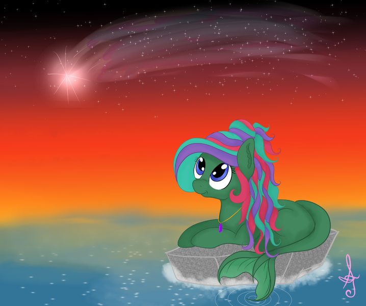 Size: 1147x958 | Tagged: aquapony, artist:silversthreads, derpibooru import, female, jewelry, mare, oc, ocean, oc:sea jade, safe, shooting star, solo, sunset