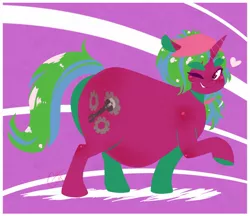 Size: 1280x1106 | Tagged: safe, artist:glorifiedmop, derpibooru import, oc, oc:gizmo gears, unofficial characters only, pony, abstract background, bandana, chubby, cute, fat, female, heart, looking at you, one eye closed, one hoof raised, ponytail, solo, wink