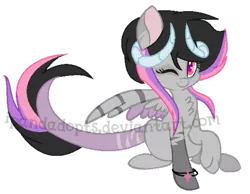 Size: 513x398 | Tagged: artist:ipandadopts, base used, bracelet, chest fluff, derpibooru import, female, horns, hybrid, interspecies offspring, jewelry, oc, offspring, one eye closed, parent:discord, parents:discolight, parent:twilight sparkle, safe, simple background, solo, transparent background, unnamed oc, unofficial characters only, watermark, wink