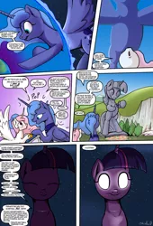 Size: 1920x2816 | Tagged: safe, artist:shieltar, derpibooru import, part of a set, princess celestia, princess luna, twilight sparkle, alicorn, pony, unicorn, comic:giant twilight, apotheosis, comic, cute, edible heavenly object, female, giant pony, giantess, glowing eyes, macro, mare, part of a series, pink-mane celestia, pony bigger than a planet, pony bigger than a star, s1 luna, signature, silhouette, space, statue, sun, twiabetes, unicorn twilight