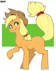 Size: 1000x1273 | Tagged: safe, artist:antelon, derpibooru import, applejack, earth pony, pony, cowboy hat, female, freckles, hat, mare, missing cutie mark, raised hoof, raised tail, smiling, solo, stetson, tail