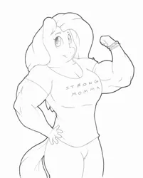 Size: 1280x1589 | Tagged: anthro, artist:zacharyisaacs, bangles, biceps, breasts, busty fluttershy, clothes, derpibooru import, female, flexing, fluttershy, hand on hip, looking at you, mare, monochrome, muscles, muscleshy, pants, pegasus, safe, shirt, simple background, solo, white background