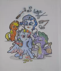 Size: 516x598 | Tagged: safe, artist:hillbe, derpibooru import, applejack, rainbow dash, rarity, spike, bag of bits, female, hair curlers, makeover, makeup, male, mane cut, rainbow dash is not amused, shipping, sparity, straight, traditional art, unamused