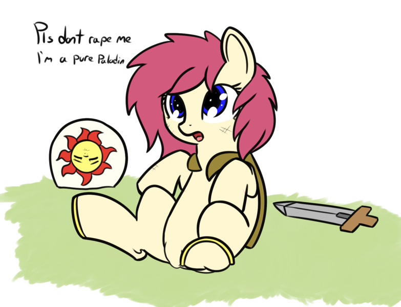 Size: 1516x1162 | Tagged: suggestive, artist:neuro, derpibooru import, oc, unofficial characters only, earth pony, pony, cape, clothes, cute, dirty, fantasy class, featureless crotch, female, filly, grass, guard, guardsmare, horseshoes, implied rape, knight, looking up, mare, meme, open mouth, paladin, pls, royal guard, sad, shield, simple background, sitting, solo, solo female, spread legs, spreading, sword, text, this will end in rape, transparent background, underhoof, warrior, weapon, yaranaika