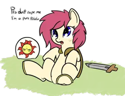 Size: 1516x1162 | Tagged: suggestive, artist:cutelewds, derpibooru import, oc, unofficial characters only, earth pony, pony, cape, clothes, cute, dirty, fantasy class, featureless crotch, female, filly, grass, guard, guardsmare, horseshoes, implied rape, knight, looking up, mare, meme, open mouth, paladin, pls, royal guard, sad, shield, simple background, sitting, solo, solo female, spread legs, spreading, sword, text, this will end in rape, transparent background, underhoof, warrior, weapon, yaranaika