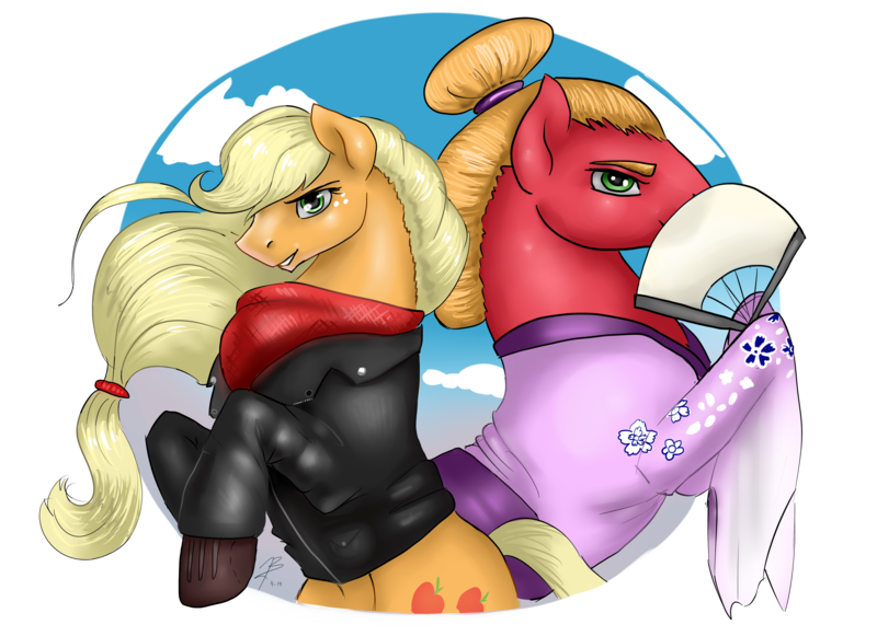 Size: 3509x2550 | Tagged: safe, artist:dragonademetal, derpibooru import, applejack, big macintosh, earth pony, pony, alternate hairstyle, biker, clothes, crossdressing, cutie mark, duo, fan, female, freckles, hair bun, hoof boots, jacket, kimono (clothing), looking at you, male, mare, missing accessory, neckerchief, rearing, request, simple background, stallion, transparent background