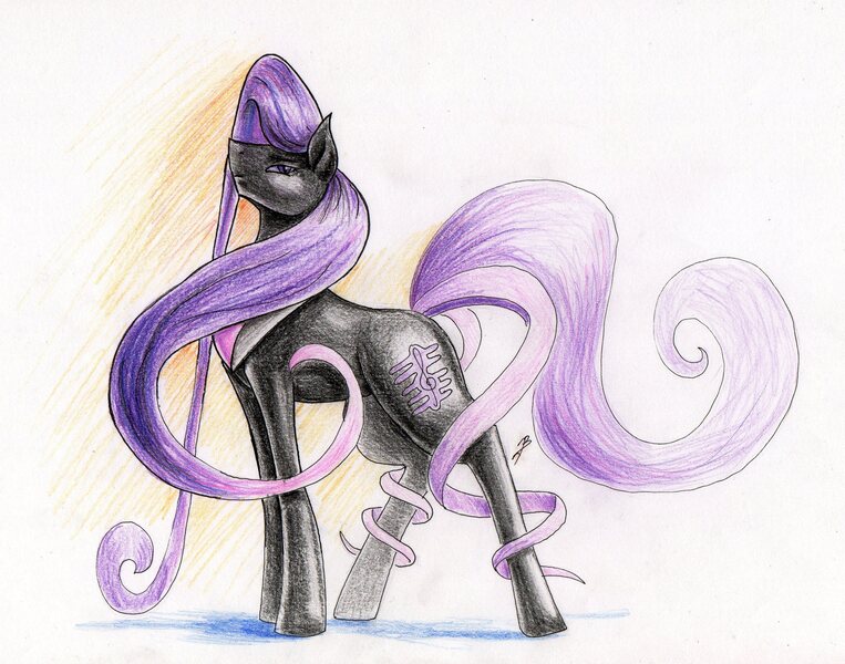 Size: 2956x2326 | Tagged: safe, artist:dragonademetal, derpibooru import, octavia melody, earth pony, pony, alternate cutie mark, clothes, colored pencil drawing, female, long hair, looking at you, mare, nightmarified, prehensile tail, simple background, smiling, solo, traditional art, white background