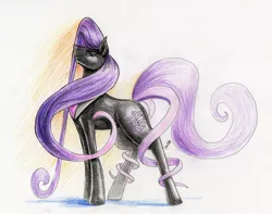 Size: 2956x2326 | Tagged: safe, artist:dragonademetal, derpibooru import, octavia melody, earth pony, pony, alternate cutie mark, clothes, colored pencil drawing, female, long hair, looking at you, mare, nightmarified, prehensile tail, simple background, smiling, solo, traditional art, white background
