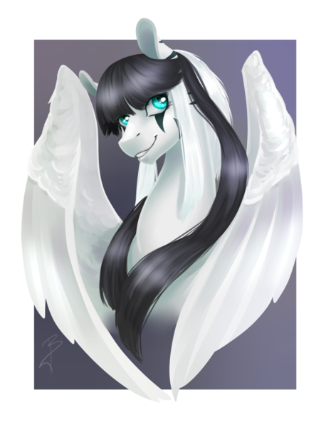 Size: 900x1162 | Tagged: safe, artist:dragonademetal, derpibooru import, oc, oc:laura the zony, unofficial characters only, hybrid, pegasus, pony, zony, abstract background, female, mare, smiling, solo