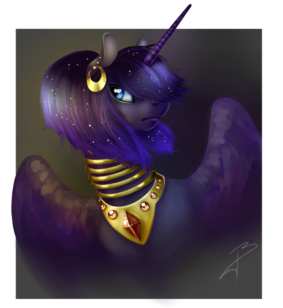 Size: 3596x3908 | Tagged: safe, artist:dragonademetal, derpibooru import, oc, oc:lady ariella, unofficial characters only, alicorn, pony, abstract background, alicorn oc, ear piercing, earring, ethereal mane, female, gift art, jewelry, looking sideways, mare, neck rings, necklace, peytral, piercing, solo, starry mane