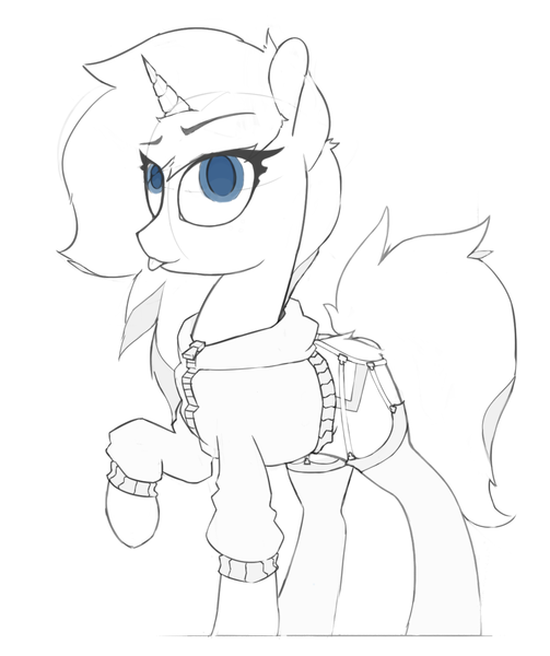 Size: 1221x1456 | Tagged: safe, artist:woonasart, derpibooru import, oc, unofficial characters only, unicorn, clothes, colored pupils, female, hoodie, lingerie, mare, monochrome, sketch, socks