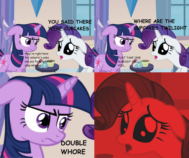 Size: 2370x1987 | Tagged: safe, derpibooru import, edit, edited screencap, screencap, rarity, twilight sparkle, pony, unicorn, games ponies play, angry robotnik, comic, comic sans, cupcake, double zebra, food, implied prostitution, meme, twibitch sparkle, vulgar, whining