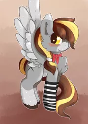 Size: 540x753 | Tagged: safe, artist:fluffleduckle, derpibooru import, oc, unofficial characters only, pegasus, pony, clothes, kneesocks, simple background, socks, solo, striped socks