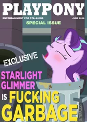 Size: 768x1080 | Tagged: abuse, blushing, context is for the weak, cover, derpibooru import, downvote bait, edit, edited screencap, eyes closed, food, glimmerbuse, imminent orgasm, imminent yeast infection, implied masturbation, into the trash it goes, /mlp/, open mouth, panting, playboy, playpony, pun, rude, screencap, solo, starlight glimmer, suggestive, text, trash can, visual pun, vulgar, wat, when you see it, wordplay