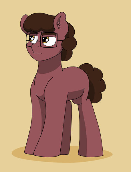 Size: 1390x1819 | Tagged: safe, artist:pastel-charms, derpibooru import, oc, oc:rock candy, earth pony, pony, glasses, male, offspring, parent:cheese sandwich, parent:pinkie pie, parents:cheesepie, simple background, solo, stallion, yellow background