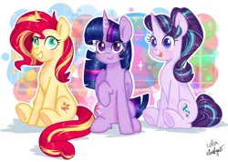 Size: 1510x1076 | Tagged: safe, artist:ch-chau, artist:chautung, artist:whiskyice, derpibooru import, starlight glimmer, sunset shimmer, twilight sparkle, twilight sparkle (alicorn), alicorn, pony, unicorn, equestria girls, :p, abstract background, collaboration, cute, female, glimmerbetes, looking at you, mare, shimmerbetes, silly, smiling, tongue out, twiabetes