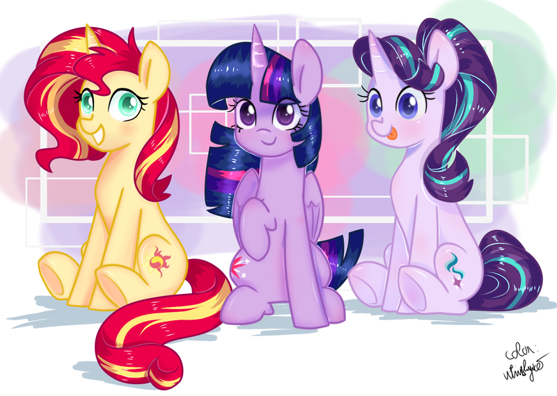 Size: 1510x1076 | Tagged: safe, alternate version, artist:ch-chau, artist:chautung, artist:whiskyice, derpibooru import, starlight glimmer, sunset shimmer, twilight sparkle, twilight sparkle (alicorn), alicorn, pony, abstract background, collaboration, magical trio, simple background, sitting, smiling, tongue out, trio