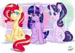 Size: 1510x1076 | Tagged: safe, alternate version, artist:ch-chau, artist:chautung, artist:whiskyice, derpibooru import, starlight glimmer, sunset shimmer, twilight sparkle, twilight sparkle (alicorn), alicorn, pony, abstract background, collaboration, magical trio, simple background, sitting, smiling, tongue out, trio