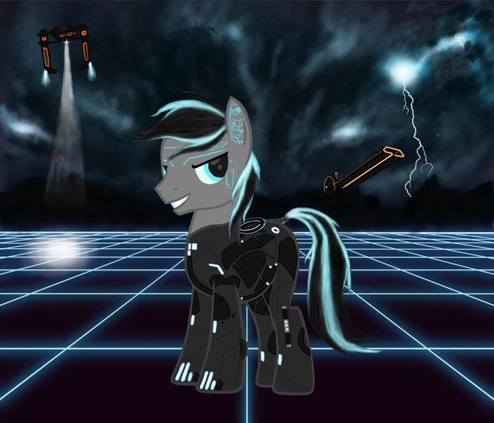 Size: 5600x4800 | Tagged: safe, artist:ma3a, derpibooru import, oc, oc:tron, unofficial characters only, earth pony, pony, absurd resolution, armor, circuitry, cloud, clu, cyberpunk, digital, dock, glowing eyes, glowing hair, grid, identity disk, krita, light cycle baton, light jet, lightning, neon, outlands, recognizer, rectifier, retrofuturism, searchlight, semi-cartoony, semi-realistic, smiling, solo, tron, tron legacy