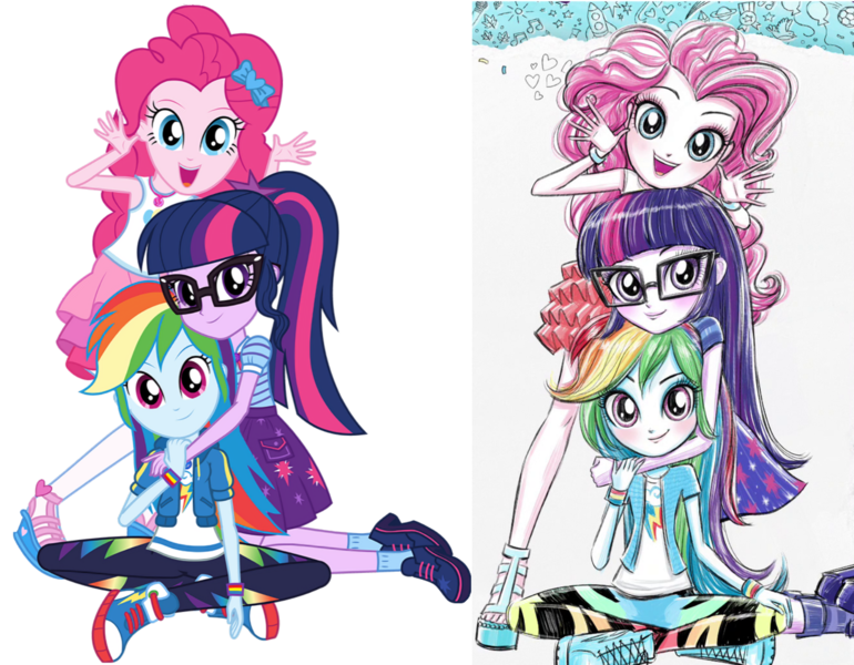 Size: 1637x1276 | Tagged: safe, artist:ritalux, derpibooru import, edit, official, pinkie pie, rainbow dash, sci-twi, twilight sparkle, equestria girls, equestria girls series, clothes, comparison, converse, cute, dashabetes, diapinkes, female, geode of sugar bombs, geode of super speed, geode of telekinesis, glasses, magical geodes, official art, pants, pantyhose, paper, polyamory, ponytail, sandals, shipping fuel, shoes, simple background, skirt, sneakers, socks, transparent background, trio, twiabetes, twidashpie