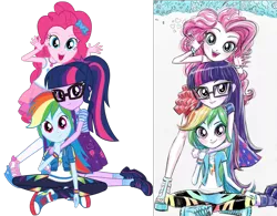 Size: 1637x1276 | Tagged: safe, artist:ritalux, derpibooru import, edit, official, pinkie pie, rainbow dash, sci-twi, twilight sparkle, equestria girls, equestria girls series, clothes, comparison, converse, cute, dashabetes, diapinkes, female, geode of sugar bombs, geode of super speed, geode of telekinesis, glasses, magical geodes, official art, pants, pantyhose, paper, polyamory, ponytail, sandals, shipping fuel, shoes, simple background, skirt, sneakers, socks, transparent background, trio, twiabetes, twidashpie