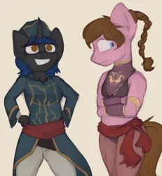 Size: 946x1026 | Tagged: anthro, artist:marsminer, braid, changeling, crossdressing, derpibooru import, duo, grin, male, oc, oc:dusty tomes, safe, simple background, smiling, unofficial characters only