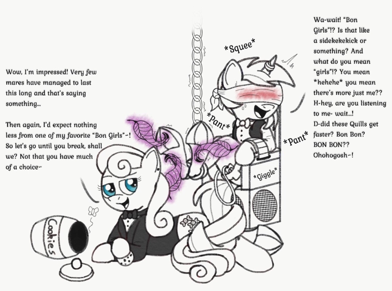 Size: 1280x952 | Tagged: questionable, alternate version, artist:darkknighthoof, derpibooru import, bon bon, lyra heartstrings, sweetie drops, earth pony, moth, pony, unicorn, bdsm, bedroom eyes, blindfold, blushing, bondage, bowtie, catsuit, chains, chair, clothes, commission, cookie, cookie jar, dialogue, ear piercing, earring, egg vibrator, empty, erotic tickling, feather, female, femdom, femsub, fetish, food, frog (hoof), hoof fetish, hoof tickling, horn ring, implied insertion, implied vaginal insertion, interrogation, intertwined tails, jewelry, laughing, lesbian, lineart, lyrabon, magic suppression, mare, monochrome, open mouth, piercing, sex toy, shipping, shirt, sketch, submissive, sweat, tickle fetish, tickle torture, tickling, tickling quill, torture, tuxedo, underhoof, uniform, vibrator, waitress, wall of tags