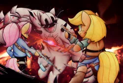 Size: 3232x2200 | Tagged: semi-grimdark, artist:mustachedbain, derpibooru import, applejack, fluttershy, cyborg, pony, ak-47, angry, artillery, assault rifle, badass, bipedal, blood, clothes, crossover, cyber mutant, female, fight, gun, killing floor, mare, mutant, rifle, specimen, stitches, weapon