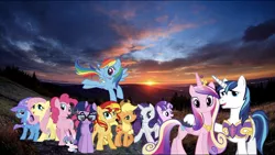 Size: 2048x1155 | Tagged: applejack, artist:superbobiann, derpibooru import, editor:superbobiann, fluttershy, forest, irl, mountain, photo, pinkie pie, ponies in real life, princess cadance, princess flurry heart, rainbow dash, rarity, safe, sci-twi, shining armor, starlight glimmer, stock vector, sunset, sunset shimmer, trixie, twilight sparkle, wallpaper