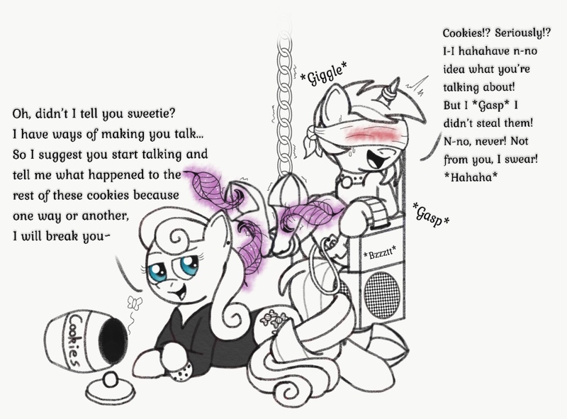 Size: 1391x1027 | Tagged: questionable, artist:darkknighthoof, derpibooru import, bon bon, lyra heartstrings, sweetie drops, earth pony, moth, pony, unicorn, ballgag, bdsm, bedroom eyes, blindfold, blushing, bondage, bondage furniture, catsuit, chains, chair, collar, commission, cookie, cookie jar, dialogue, ear piercing, earring, egg vibrator, empty, erotic tickling, feather, female, femdom, femsub, fetish, food, frog (hoof), gag, hoof fetish, hoof tickling, horn ring, implied insertion, implied vaginal insertion, interrogation, intertwined tails, jewelry, latex, latex suit, laughing, lesbian, lineart, lyrabon, magic, magic suppression, mare, monochrome, open mouth, pet tag, piercing, sex toy, shipping, sketch, submissive, sweat, telekinesis, tickle fetish, tickle torture, tickling, tickling quill, torture, underhoof, vibrator, wall of tags