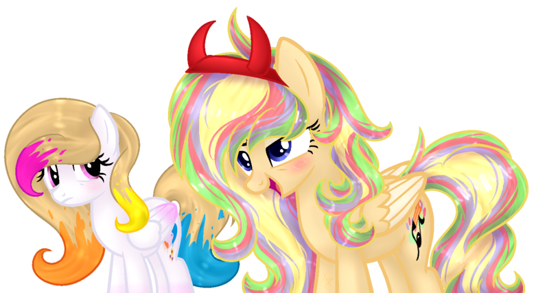 Size: 1500x800 | Tagged: safe, artist:xxmelody-scribblexx, derpibooru import, oc, oc:melody scribble, oc:spring splat, unofficial characters only, pegasus, pony, blushing, drunk, female, mare, simple background, transparent background