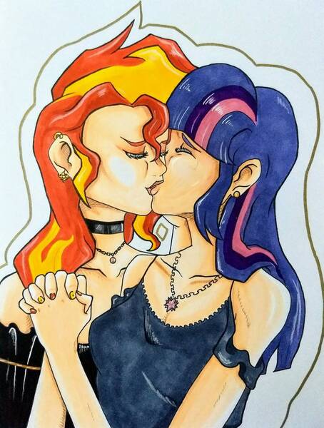 Size: 774x1024 | Tagged: safe, artist:felinillo, derpibooru import, sunset shimmer, twilight sparkle, human, equestria girls, clothes, cutie mark accessory, dress, ear piercing, eyes closed, female, holding hands, human coloration, kissing, lesbian, piercing, shipping, sunsetsparkle, traditional art