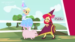 Size: 3999x2249 | Tagged: safe, artist:metalhead97, derpibooru import, apple bloom, applejack, pig, equestria girls, for whom the sweetie belle toils, look before you sleep, alternate hairstyle, angry, barn, chewing, clothes, cloud, costume, dress, eating, farm, female, fence, froufrou glittery lacy outfit, giggling, hat, hennin, high heels, jewelry, one eye closed, outdoors, pulling, shoes, show accurate, sisters, sitting, skirt, skirt pull, speech bubble, text, tree, wink