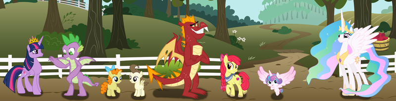 Size: 5480x1400 | Tagged: alicorn, apple bloom, artist:cheezedoodle96, artist:red4567, cake twins, crown, derpibooru import, dragon, female, filly, foal, garble, jewelry, long description, male, molt down, older apple bloom, older spike, older twilight, pound cake, princess celestia, princess flurry heart, pumpkin cake, regalia, safe, spike, teenage apple bloom, teenaged dragon, teenager, teenage spike, time, twilight sparkle, twilight sparkle (alicorn), winged spike