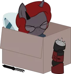 Size: 1097x1134 | Tagged: safe, artist:logic-is-here, derpibooru import, oc, oc:curse word, pony, unicorn, big boss, box, female, glasses, knife, mare, pillow, pony in a box, simple background, sleeping, solo, the phantom pain, transparent background