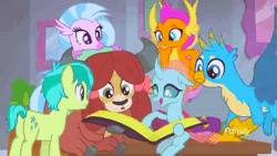 Size: 480x270 | Tagged: safe, derpibooru import, screencap, gallus, ocellus, sandbar, silverstream, smolder, yona, changedling, changeling, dragon, earth pony, gryphon, hippogriff, pony, yak, school daze, animated, best friends, book, bow, cloven hooves, discovery family logo, dragoness, female, flying, gif, hair bow, male, monkey swings, reading, student six, teenager