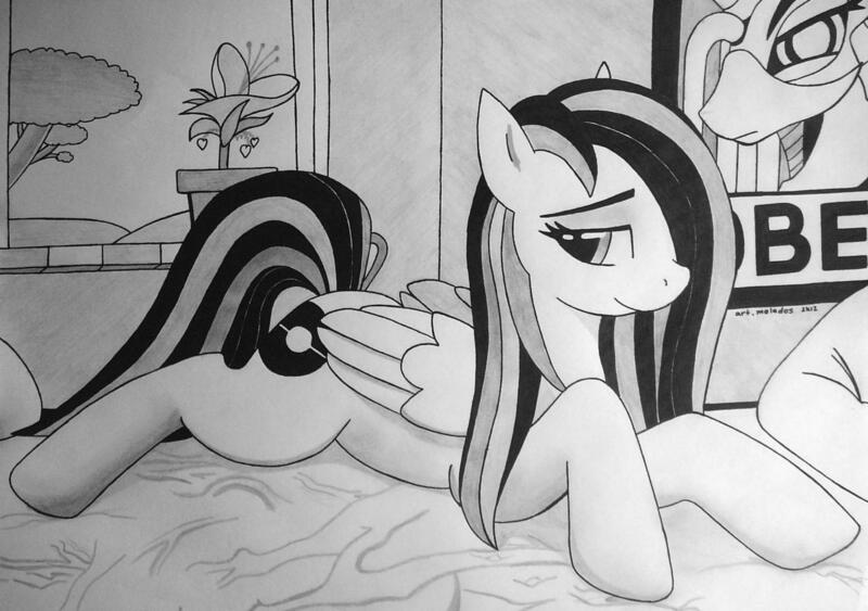 Size: 1280x900 | Tagged: safe, artist:art.molados, derpibooru import, oc, unofficial characters only, pegasus, pony, bed, bedroom eyes, female, grayscale, hope poster, lying, mare, monochrome, obey, prone, solo, traditional art