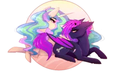 Size: 4108x2480 | Tagged: safe, artist:dino_horse, deleted from derpibooru, derpibooru import, princess celestia, oc, oc:spook, demon, demon pony, bonebutt, female, lesbian, present, shipping, simple background, transparent background