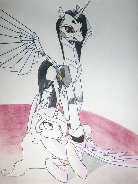 Size: 2748x3664 | Tagged: questionable, artist:art.molados, derpibooru import, princess celestia, oc, oc:molados, alicorn, pony, robot, robot pony, princess molestia, domination, female, glados, lesbian, looking at each other, mare, portal (valve), rapeface, shipping, traditional art