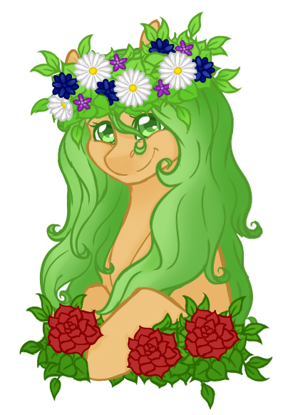 Size: 411x581 | Tagged: safe, artist:kimyowolf, derpibooru import, oc, oc:curiosa dream, earth pony, pony, bust, female, floral head wreath, flower, mare, portrait, rose, simple background, solo, transparent background