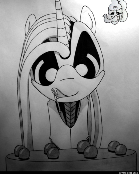 Size: 700x871 | Tagged: safe, artist:art.molados, derpibooru import, pinkie pie, oc, oc:molados, pony, robot, robot pony, cake, drool, eyes on the prize, female, food, grayscale, licking, licking lips, mare, monochrome, tongue out, traditional art